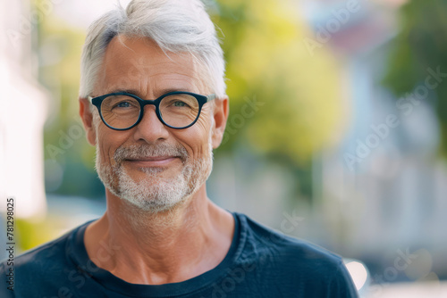 Close Up Portrait of a Cheerful Senior Man with Gray Hair Wearing Glasses Standing Outdoors.