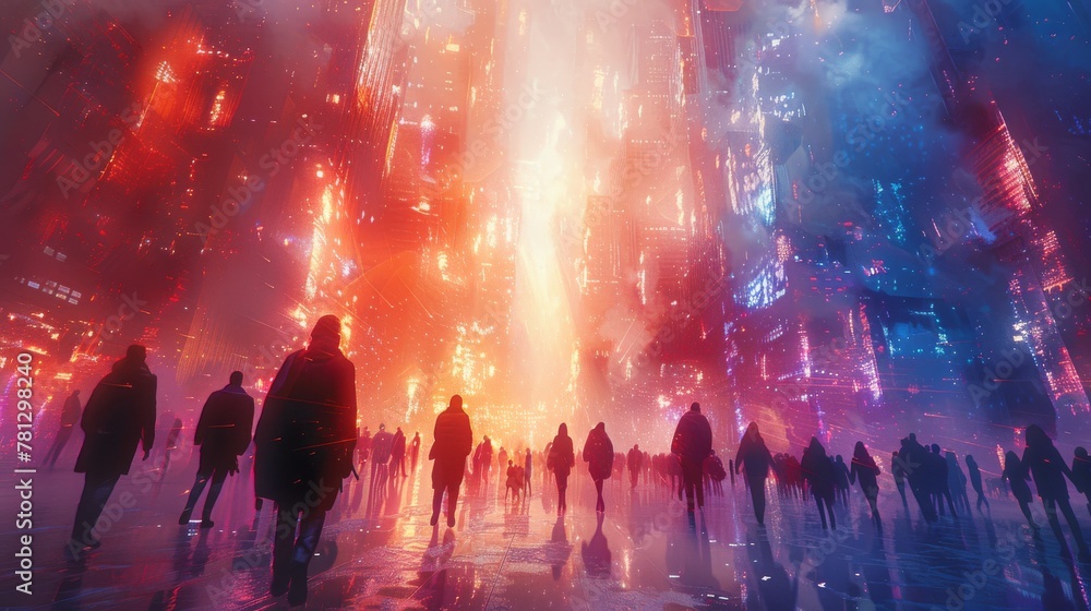 A futuristic concept depicting crowds of people walking on a city street, painted in an illustration style using digital art