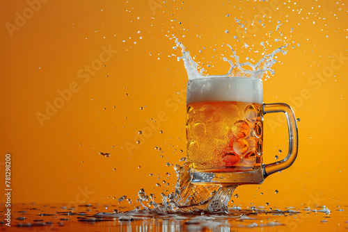 beer in a mug splashing on vibrant background