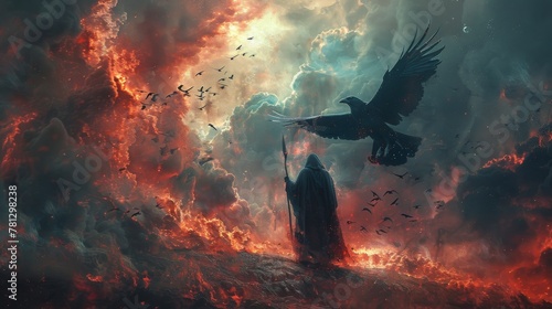 An illustration painting of a fight scene between an archangel and a devil of crows, using digital art as a style © Антон Сальников