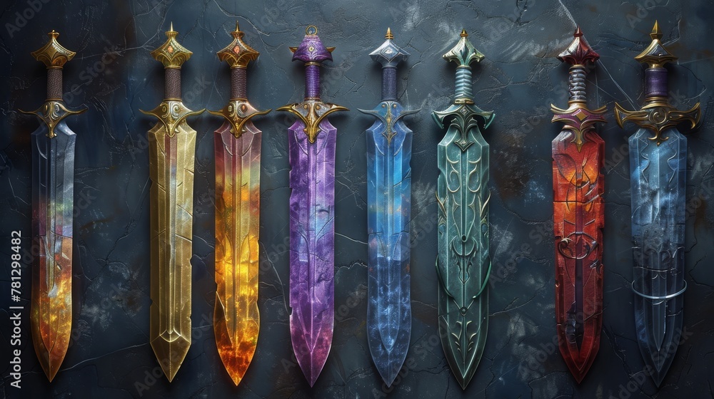 Beautiful fantasy swords - digital illustrations in 3D... - obrazy, fototapety, plakaty 