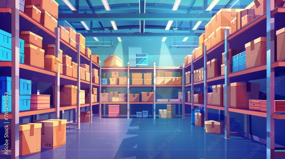 The interior of a warehouse with cardboard boxes and metal racks ...