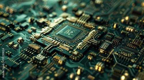 Close-up view of an intricate microchip with detailed gold and silver circuitry on a green printed circuit board