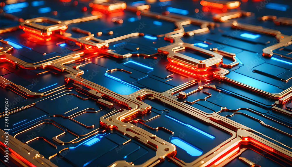 Technik Hintergrund Vorlage für technische Daten Analyse Überwachung Computer Chip Design Makro Prozessor Hardware Mikrochip Leiter Bauteile Platine modern in blau rot gold leuchtend fließende Ströme Technik Hintergrund Vorlage für technische Daten Analyse Überwachung Computer Chip Design Makro Prozessor Hardware Mikrochip Leiter Bauteile Platine modern in blau rot gold leuchtend fließende Ströme