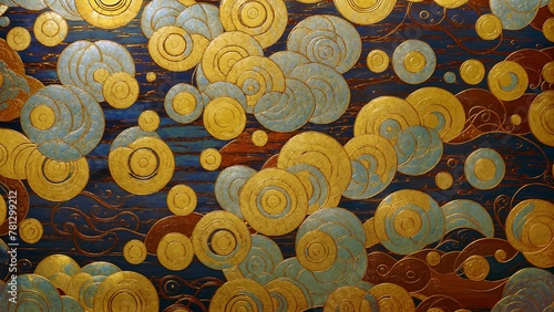 Traditional Japanese painting featuring gold and blue circles on a blue background