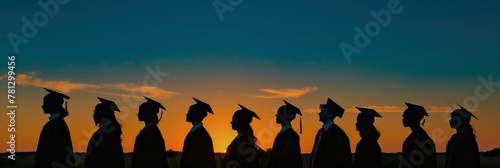 Silhouettes of students wearing graduation caps against the sky at sunset