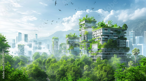 An artistic depiction of a city designed to promote eco-friendliness and sustainability through environmentally-conscious buildings and lush green spaces. photo