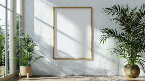 Contemporary interior design with blank frame mockup and indoor plants for a fresh  modern vibe