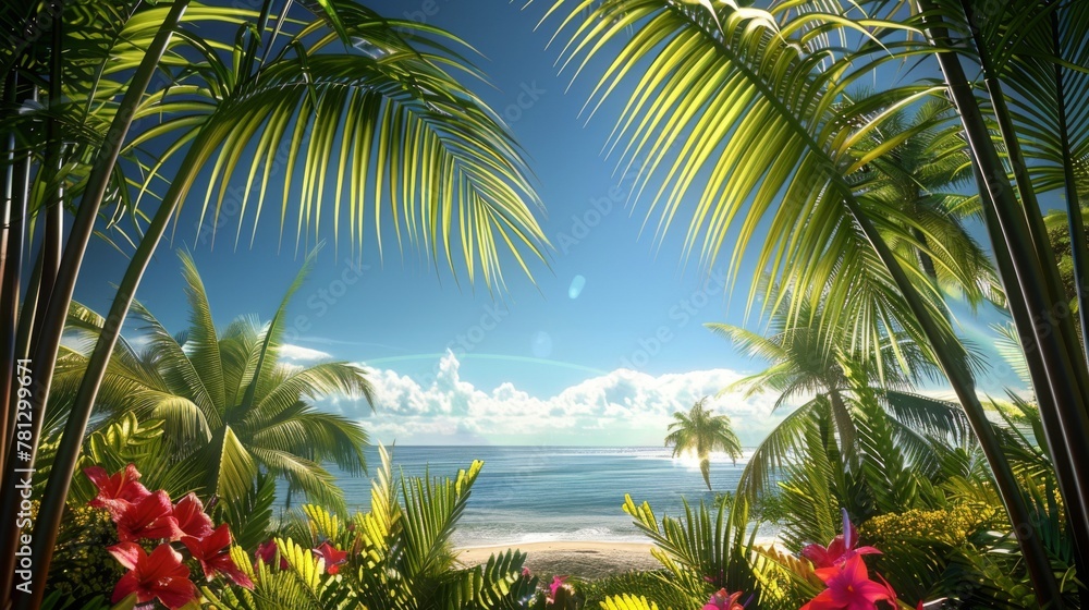 Tropical Beach Paradise with Lush Greenery and Blue Sky.