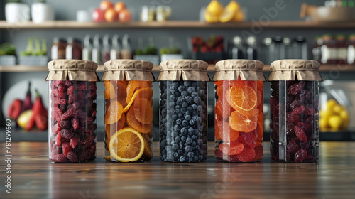 Creating a visually appealing and functional mockup design for dried fruit packaging that highlights freshness and quality of contents. photo