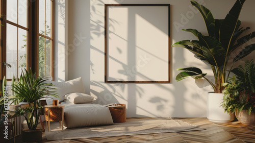 A minimalist living room with Scandinavian decor, showcasing a blank photo frame mockup under soft natural lighting.