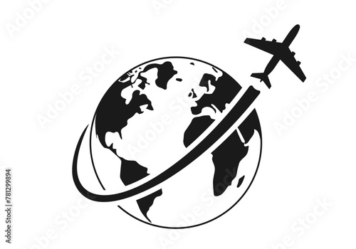 Plane with earth or globe icon. Travel around the world by airplane logo concept. Vector illustration.