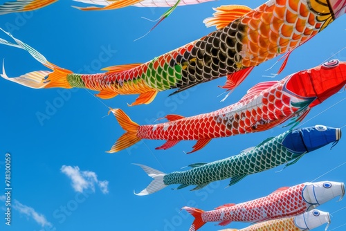 Brightly colored Koinobori carp streamer symbol of Japans Childrens Day flutters majestically against a clear blue sky