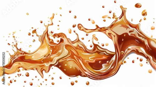 Stream of cola, soda, beer, champagne, carbonated beverage on white background. Wavy stream of brown effervescent liquid.