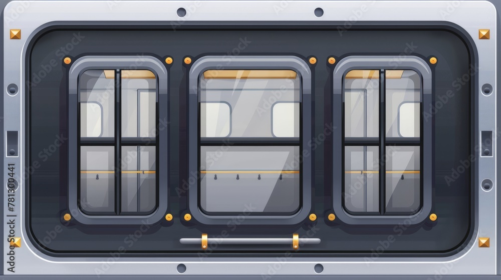 Detailed modern realistic set of clear windows in metro wagon, passenger compartment in railway transport isolated on transparent background.