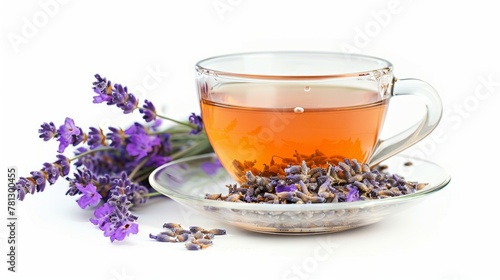 Cup of lavender tea on a white background. A cup of lavender tea and a teapot with fresh flowers on a white table. Herbal drink.