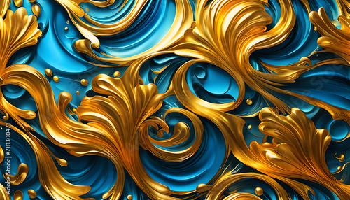 Hintergrund und Vorlage eines floralen Ornament in blau gold mit Tropfen und in der Form, wie Wellen und dynamisch fließende Strukturen natürliche Blätter