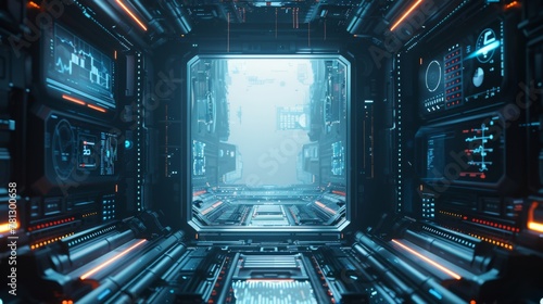Futuristic Sci-Fi Tunnel with Advanced Technology Interface and Blue Lighting. © Oksana Smyshliaeva