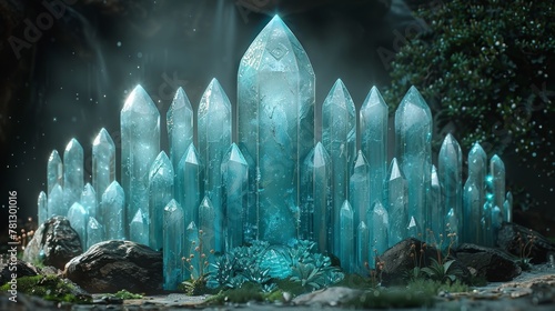 3D digital illustration of fantasy crystal blades with a teal shield as a heraldic display