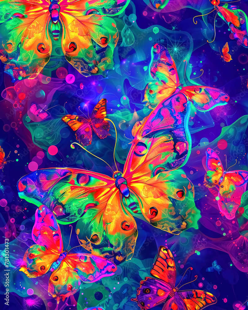 Psychedelic Neon Butterfly Pattern Background Design