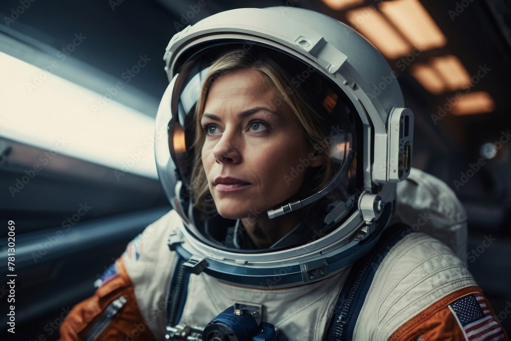 Woman in space in cosmonaut helmet