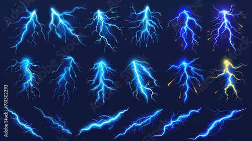 Thunderbolts and lightning strike during a storm at night. Modern realistic set of blue and yellow electric discharges, isolated on transparent dark background