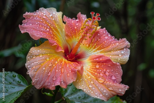 Close-up reveals the intricate details of a dew-kissed brightly colored hibiscus blossom against a dark rainforest backdrop