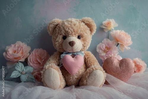 Cute pastel teddy bear with a heart and flowers