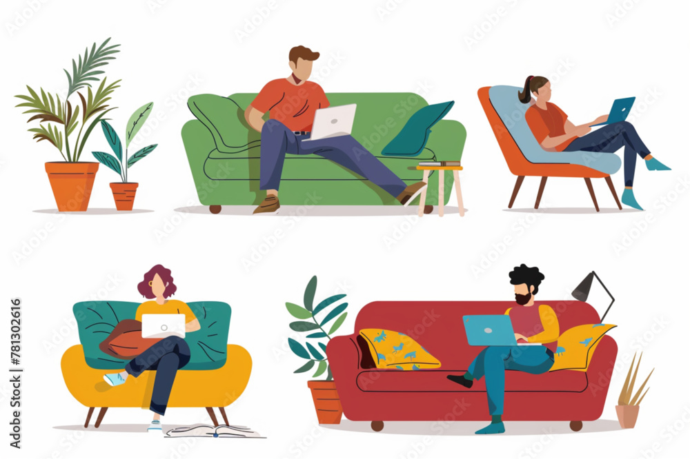people work from home workplace on sofa concept