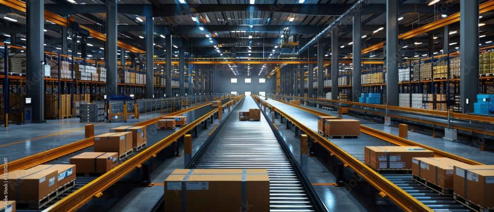 A contemporary logistics center equipped with automated sorting systems, GPS tracking technology, and predictive analytics software, showcasing how modern supply chain operations rely on technology to A contemporary logistics center equipped with automated sorting systems, GPS tracking technology, and predictive analytics software, showcasing how modern supply chain operations rely on technology to