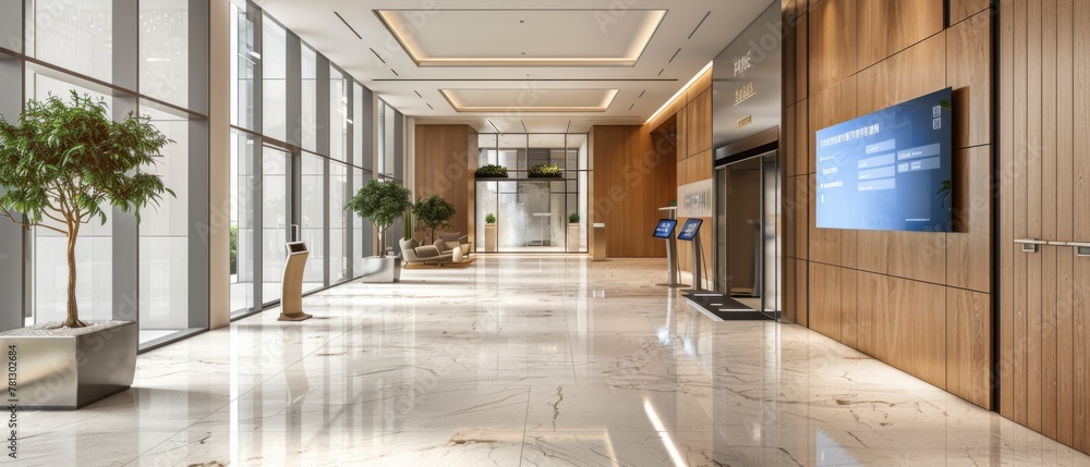 A contemporary office lobby adorned with digital signage displays ...