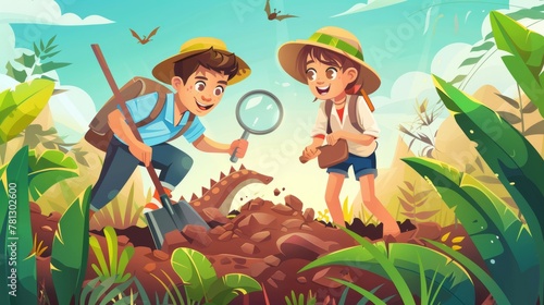 Playing archaeologists digging soil with shovel and exploring artifacts with magnifying glasses. Children study dinosaur fossils. Cartoon modern illustration.