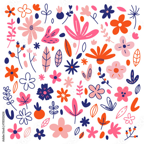 Floral collection of doodle flowers, leaves, branches and other nature elements.