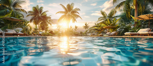 Tropical Beach Resort at Sunrise  Luxurious Vacation Spot with Poolside Views  Palm Trees  and Ocean Breeze