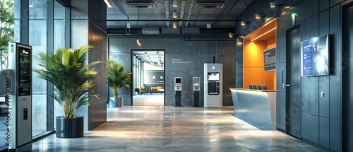A contemporary office lobby adorned with digital signage displays, interactive kiosks, and biometric access points, showcasing the latest advancements in modern technology for ensuring secure access t photo