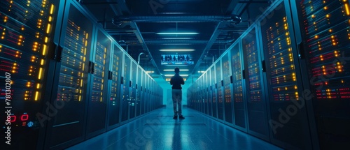 A modern data center facility housing rows of servers, storage arrays, and backup systems, with technicians monitoring operations from a central control room equipped with advanced monitoring tools