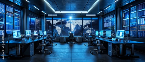 A sleek and minimalist cybersecurity operations center (SOC), with rows of monitors displaying real-time data analytics, threat detection algorithms, and network traffic analysis tools
