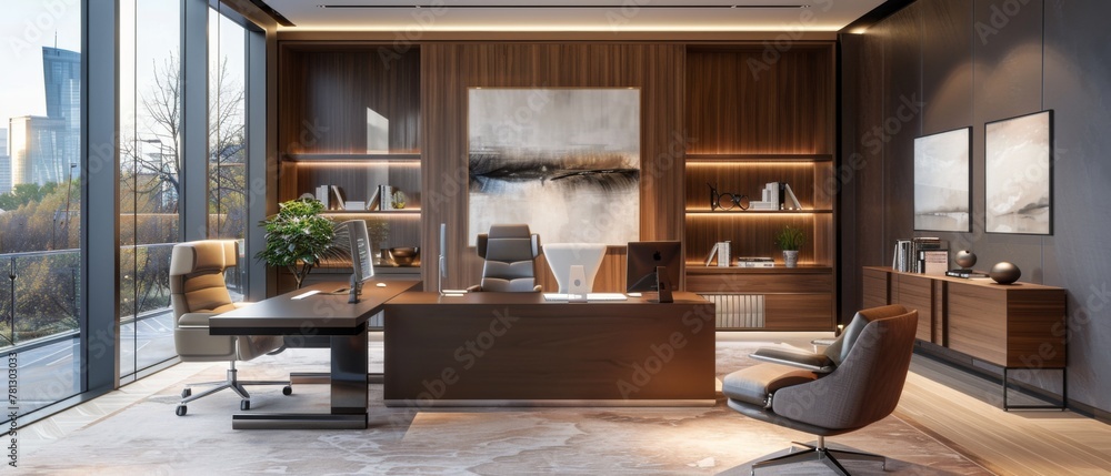 An upscale executive office suite featuring minimalist decor, ergonomic furniture, and integrated technology solutions such as smart lighting, climate control, and voice-activated assistants An upscale executive office suite featuring minimalist decor, ergonomic furniture, and integrated technology solutions such as smart lighting, climate control, and voice-activated assistants