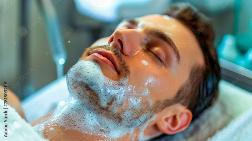 A man is seated in a barber shop chair, receiving a facial shave from a barber using a straight razor. The barber is focused on careful, surrounded by traditional barber shop decor. Banner. Copy space