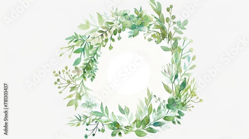 Elegant Watercolor Greenery Wreath on White Background.