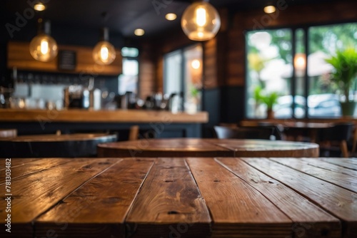 A wood table on a blur of cafe background