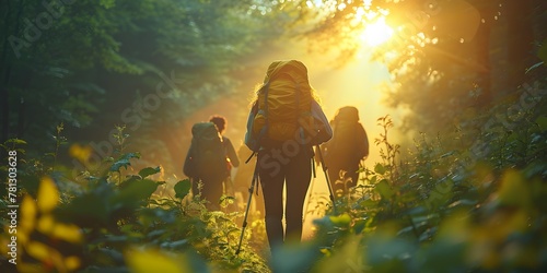 A group of friends hiking up a mountain trail during summer  taking in the breathtaking views of nature and enjoying outdoor activities together.