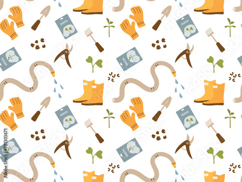 Farm and garden tools seamless pattern on transparent background. Vector background with watering hose, seeds, garden boots and gloves.