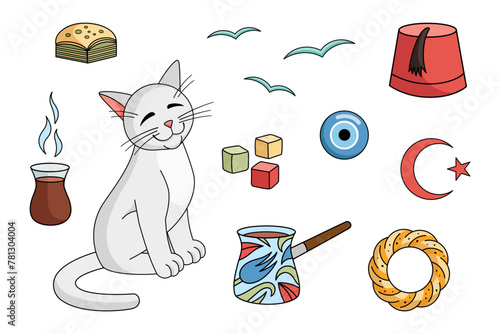 Turkish culture elements set - Cezve, tea cup, baklava, bagel, star and crescent, angora cat, delight, amulet, seagull, fez. Vector collection. Turkish angora cat character with Turkish cup of tea.