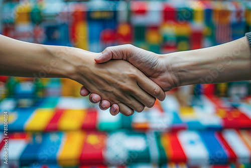 Handshake over colorful shipping containers photo