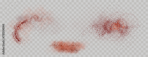 Grainy scatterings of  spicy burst . Splashes of  red pepper powder.Overlay effect chilli or paprika spice splatters. Vector realistic illustration of hot dried spice.