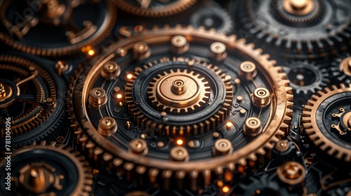 A 3D illustration of a clockwork mechanism with a steampunk aesthetic on a black background