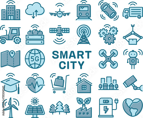 スマートシティ　カラフルなラインアイコンセット