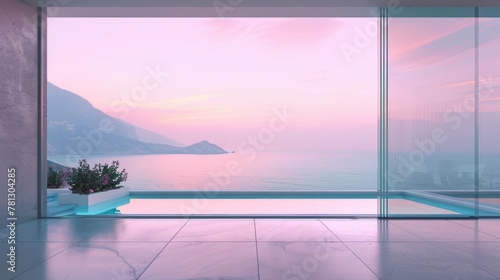 A large glass window overlooking a beautiful ocean and a mountain. The sky is a soft pink color, creating a serene and peaceful atmosphere © vannet