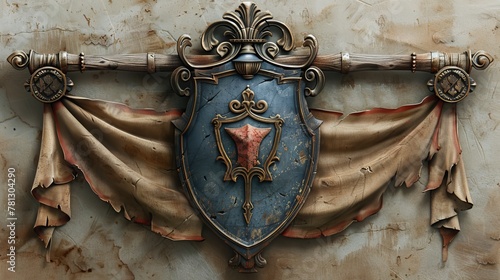 The shield crest is illustrated on an ancient scroll banner decoration